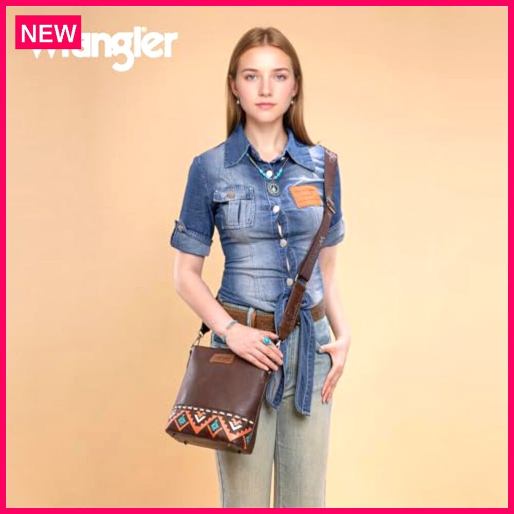 Vegan Leather Crossbody Bag with Aztec Pattern, 10x3.5x9 Inches - Picture 3 of 8